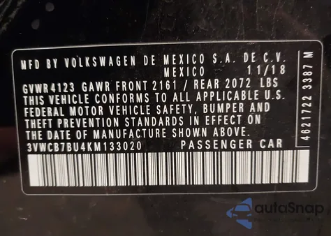 2019 Volkswagen Jetta 1.4T R-Line/1.4T S/1.4T Se из США, поврежденный, VIN 3VWCB7BU4KM133020